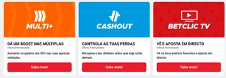 Aumenta os teus ganhos, minimiza perdas e aposta em direto com as funcionalidades da Betclic. Três funcionalidades permanentes da Betclic: boost em múltiplas apostas, controlo de perdas com Cashout e apostas ao vivo com Betclic TV.